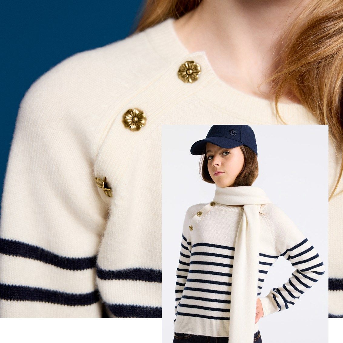 Découvrir le pull marinière en cachemire et l’écharpe assortie