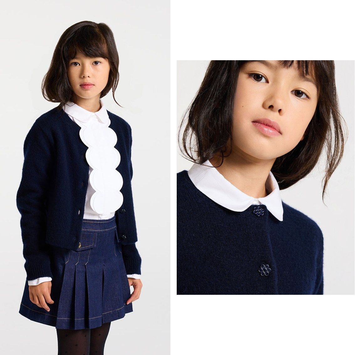 Découvrir le look fille avec une blouse de popeline blanche festonnée