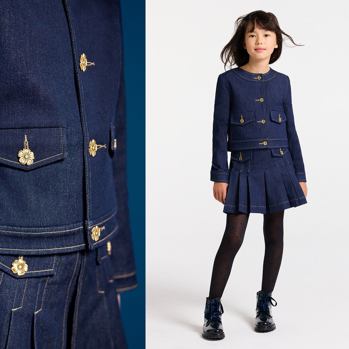 Découvrir l’ensemble en denim brut avec veste courte et jupe plissée