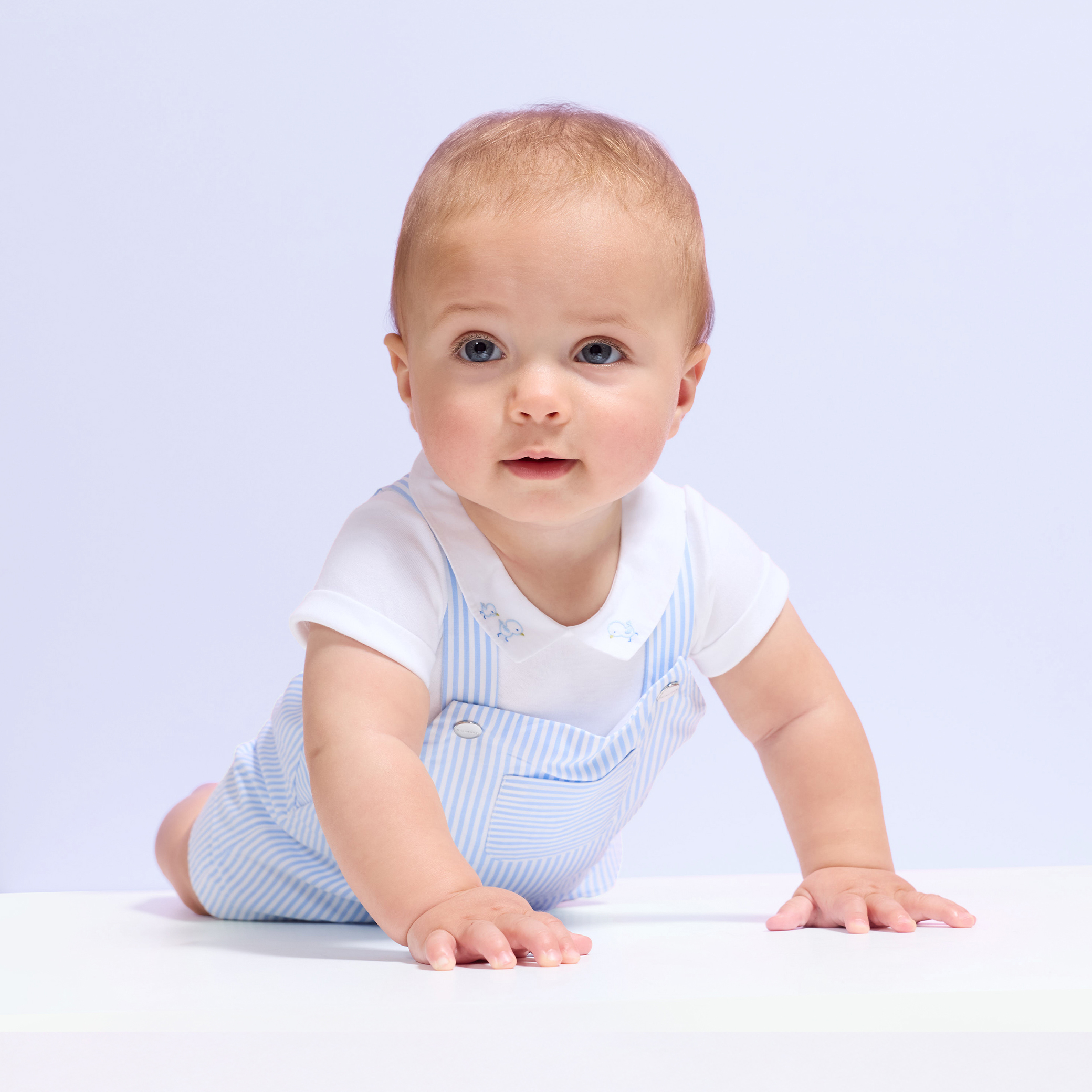 Jacadi - Salopette courte pour bébé en popeline rayée - Bleu/Blanc - Taille: 03M - Idéal Cadeau naissance