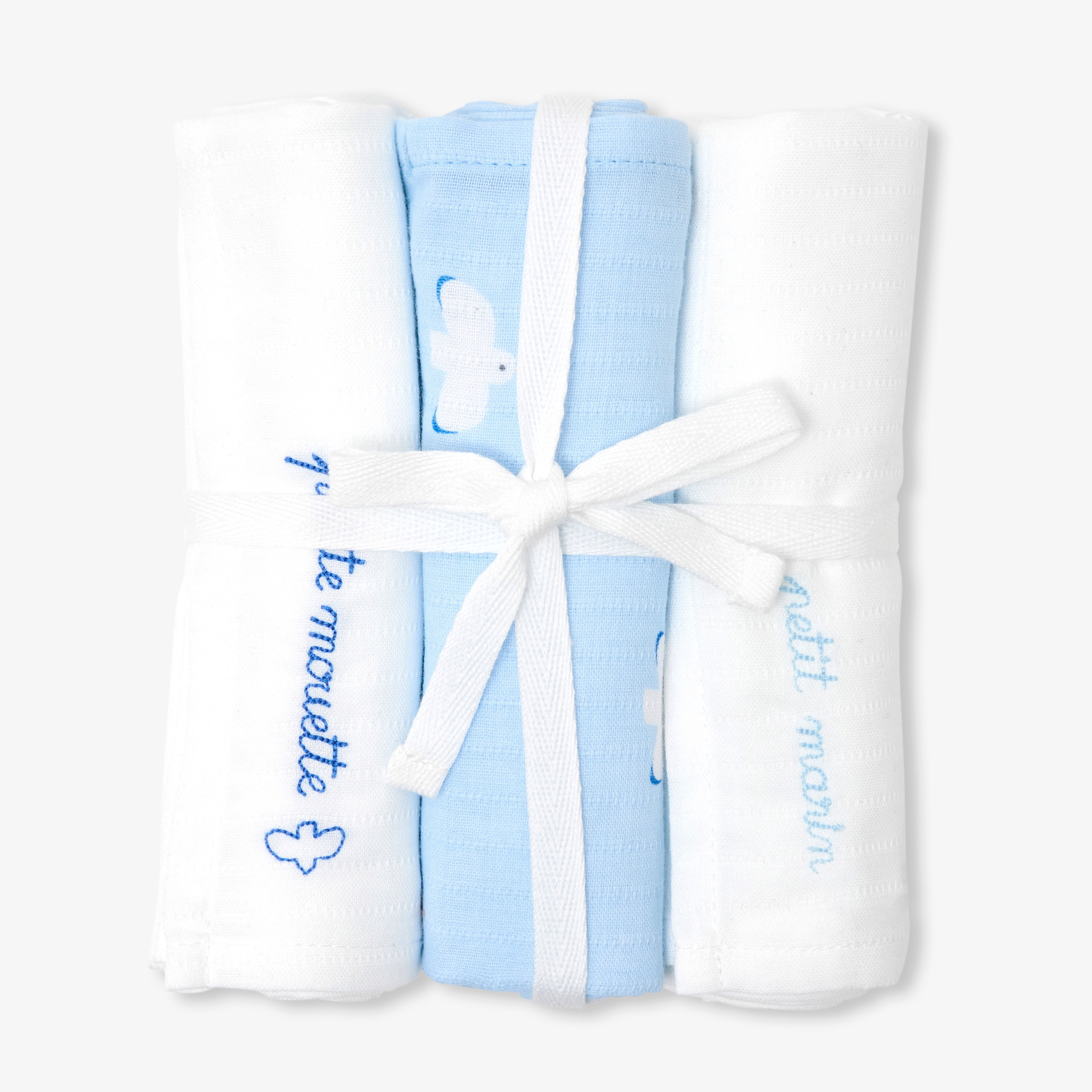 Jacadi - Lot de 3 langes en coton - Blanc/Bleu