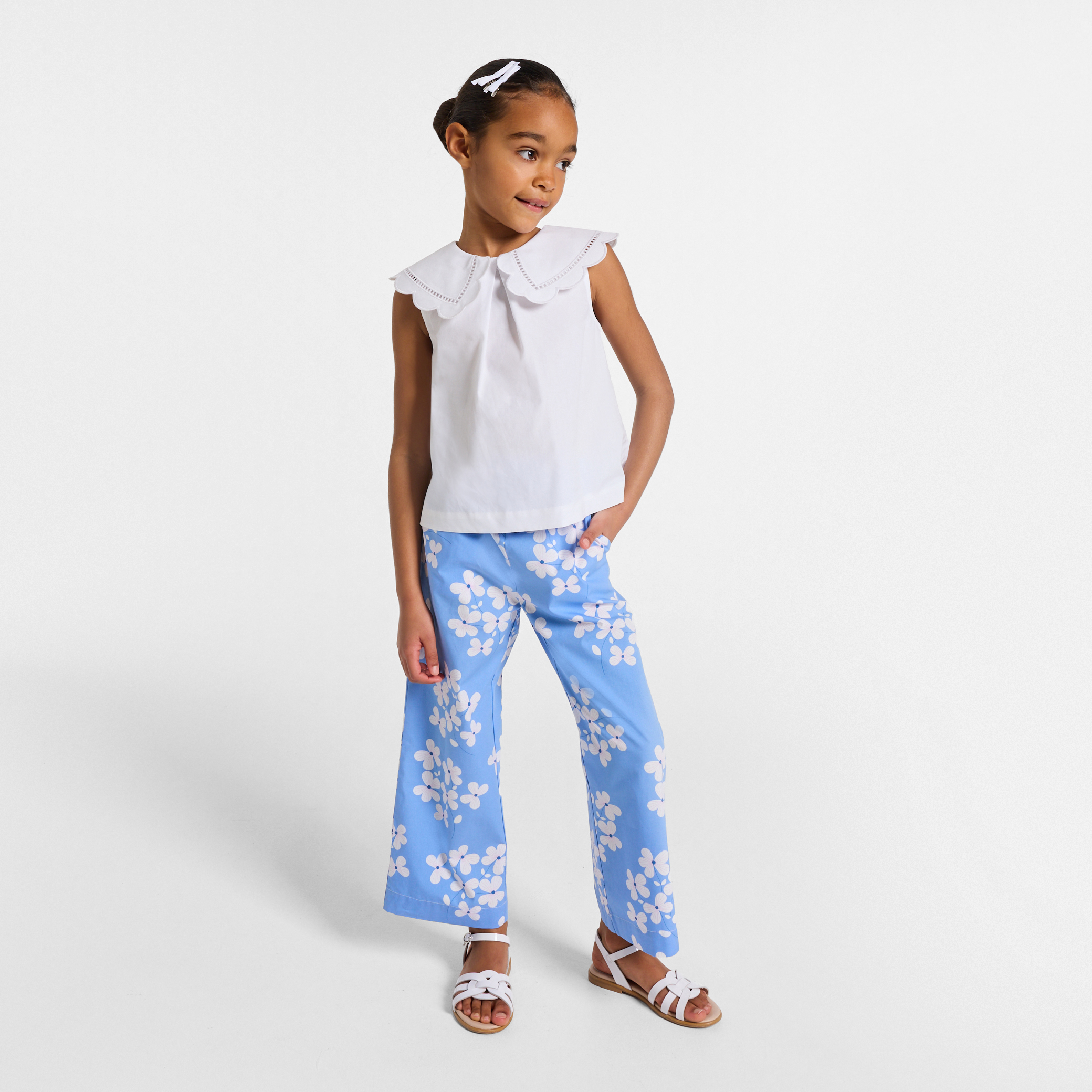 Jacadi - Pantalon large pour fille en popeline imprimée - Bleu/Multicouleur - Taille: 06A