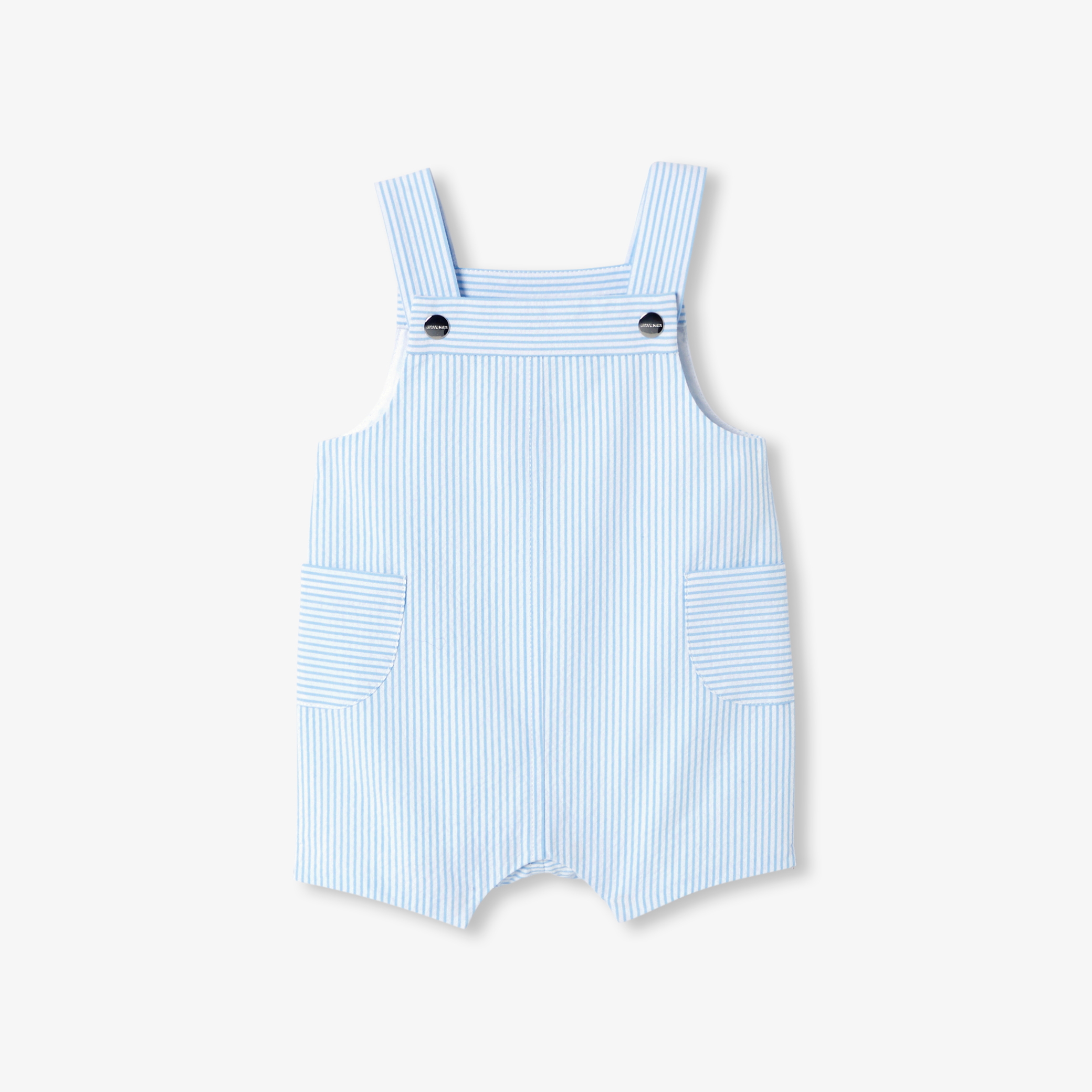 Jacadi - Salopette courte bébé en seersucker - Blanc/Bleu - Taille: 06M - Idéal Cadeau naissance