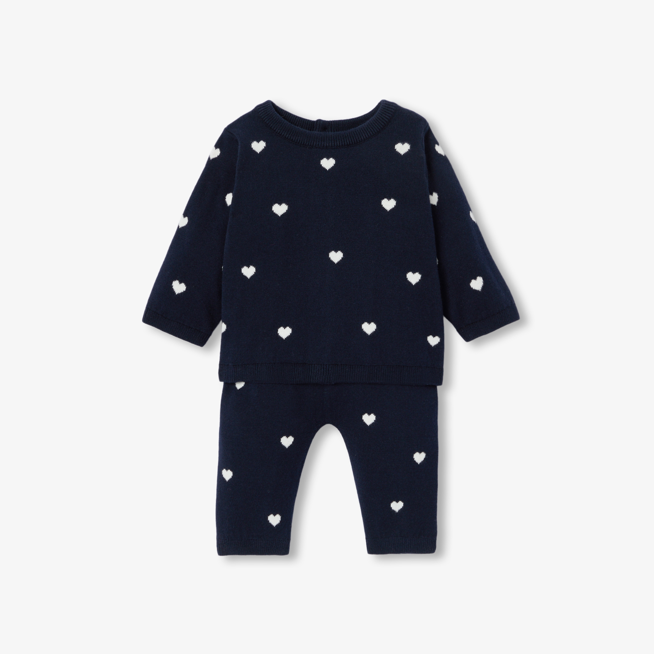 Jacadi - Ensemble pour bébé motif cœur - Marine/Blanc - Taille: 12M - Idéal Cadeau naissance