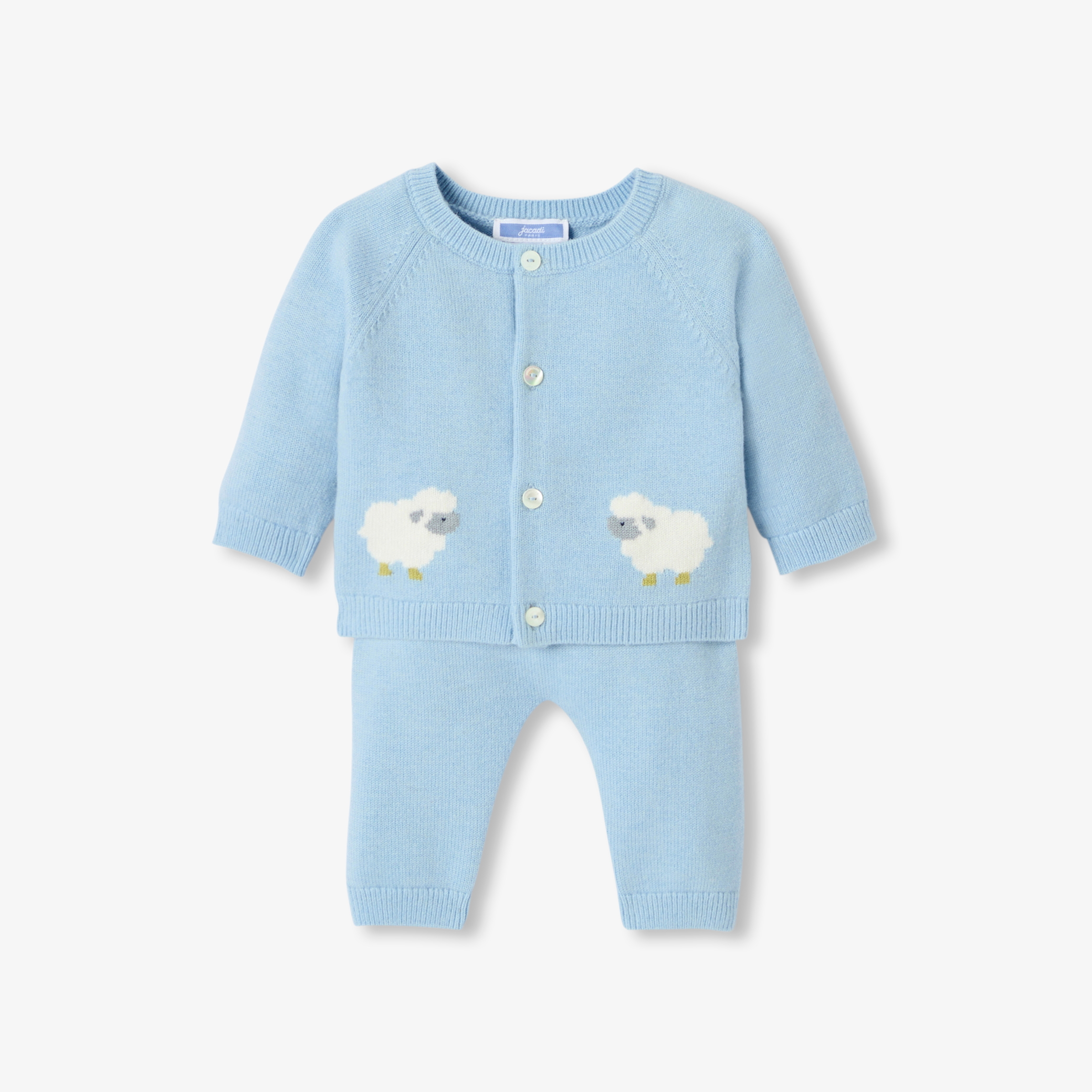 Jacadi - Ensemble pour bébé en tricot motif mouton - Bleu/Multicouleur - Taille: 12M - Idéal Cadeau naissance